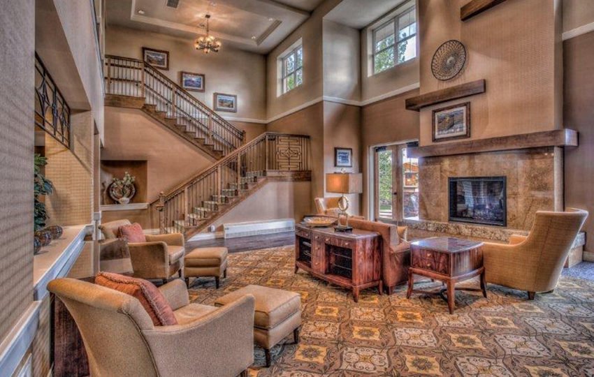 Sunny Vista long term care picture of lobby with fireplace